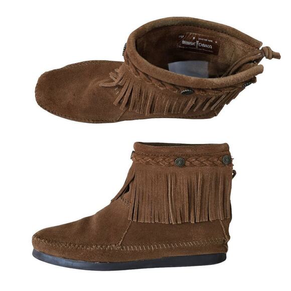 Minnetonka Ankle Boots 8 Brown Suede Leather Fringe High Top Back Zip Booties - Picture 2 of 10
